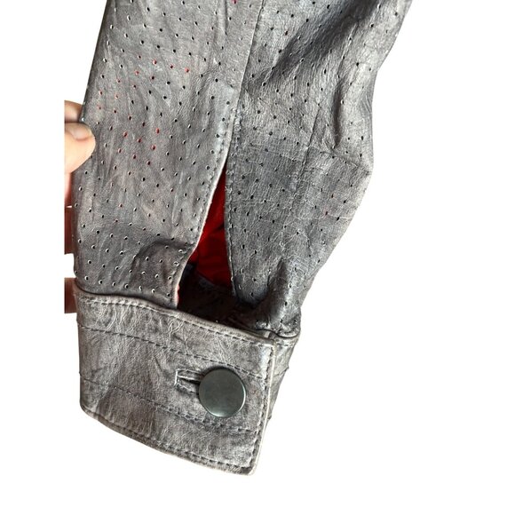 7 For All Mankind Womens Gray Leather Perforated Jacket‎ Red Lining Grunge Moto - Picture 8 of 11